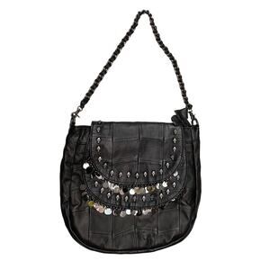 Black Leather Skull Shoulder Bag with Beaded Fringe Detail Boho Style